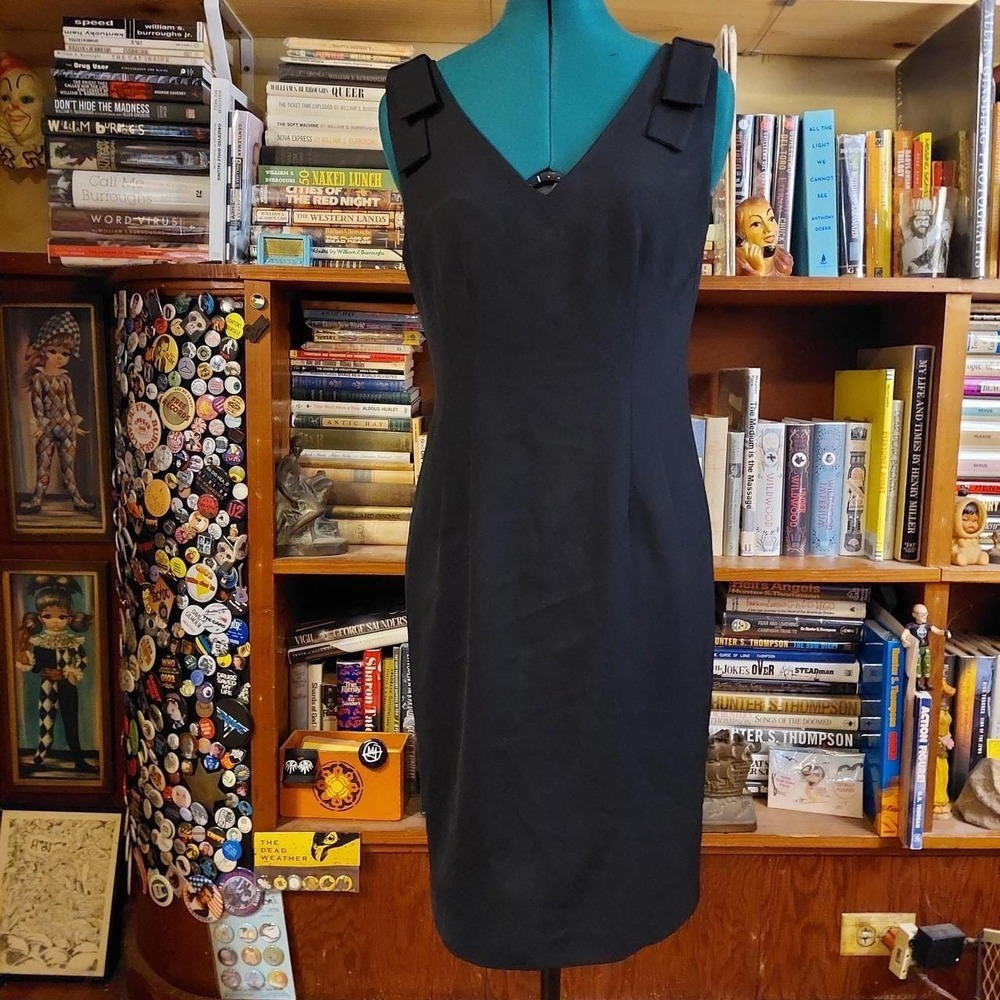Vintage Jessica Howard‎ 90s Black V Neck Midi Dress Bow Detail Size Medium